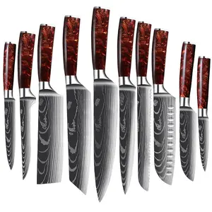 Factory Hand-Made 10pcs 8pcs Santoku Knife Set Red Resin Handle 4cr13 Santoku Bread Laser Damascus Pattern Kitchen Knives Sets