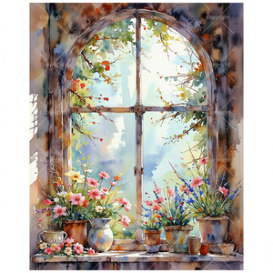 Kit de pintura de ventana de flores por números para adultos-Flores en maceta DIY por Ventana arqueada rústica 16x20 pulgadas, regalos de arte sin marco - Product Image 1