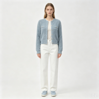 Gaby – Cardigan tricoté à manches longues pour femme, de haute qualité, en maille pointelle bleue, personnalisable OEM, couleur marron, avec boutons en corne