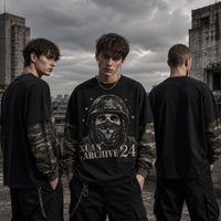 Sweat-shirt pour homme en coton lourd 100% avec imprimé graphique vintage de crâne, style streetwear Y2K, patchwork camouflage, manches à double couche