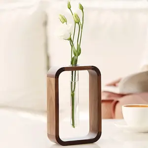 Hydrophilic Plants Stand Tabletop Water Planting Propagation Stations Decor Glass Tube Flowers Vase With Wooden Stand