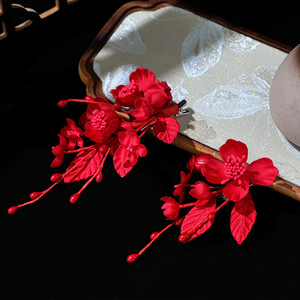 New wine-red floral handmade 3D minimalist toast dress headdress clip <b>wedding</b> ancient style cheongsam bridal hair <b>accessory</b> - Product Image 3