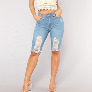 Bleu clair Midi Denim Trou Déchiré Dames <span class=keywords><strong>Jean</strong></span> <span class=keywords><strong>Court</strong></span> <span class=keywords><strong>Short</strong></span> <span class=keywords><strong>En</strong></span> <span class=keywords><strong>Jean</strong></span> - Product Image 1