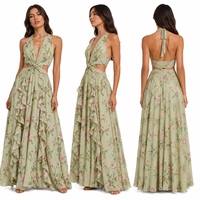 Robe longue de plage bohème en mousseline MANNI personnalisée, col halter, sans manches, à découpes et volants