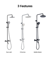 Mitigeur de douche thermostatique moderne en laiton brossé avec cartouche céramique, barre coulissante, fonction pluie et douchette à main, commande monocommande, pour villa