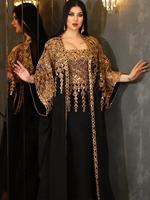 Abaya Africaine Kaftan Marocain Caftan à Paillettes Robe Islamique Boubou Djellaba Ensemble 2 Pièces Tenue Musulmane pour Femme