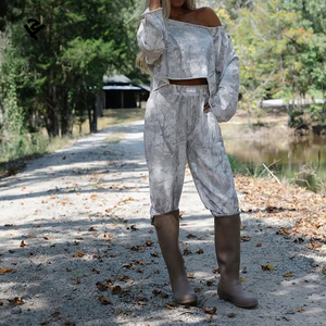Ensemble de détente 2 pièces pour <span class=keywords><strong>femme</strong></span> à imprimé camouflage, sweat-shirt court à manches longues et épaules dénudées et <span class=keywords><strong>pantalon</strong></span> large, tenue décontractée - Product Image 4