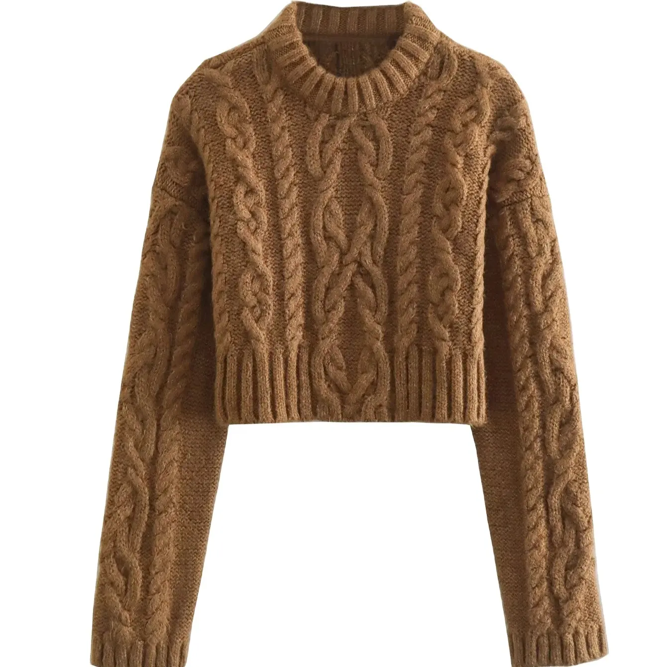 Suéter de punto trenzado recortado a la moda para mujer, jerséis de manga larga con cuello redondo Vintage para mujer, Tops elegantes