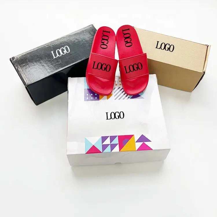 customized logo flat latest design pvc slides slippers low moq sandals men packing boxes flip flops