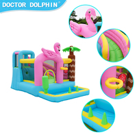 Château gonflable Flamingo Doctor Dolphin avec toboggan aquatique extérieur, structure de saut en tissu Oxford 420D+840D et souffleur