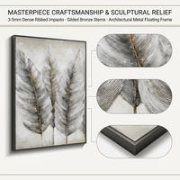 Peinture sur toile moderne à texture de feuilles, gris et blanc, peinture botanique avec accents dorés, peintures murales