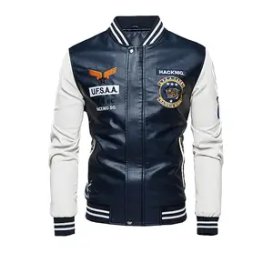 Custom Ansclo motorcycle jacket men's leather Coat Stand Collar embroidery Casual baseball uniform Plus Size Men's Jacket