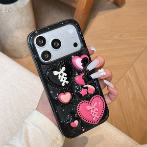 Black Glitter Love Bow DIY Mobile Phone case for <b>iPhone</b> 17 Air 16 15 14 13 Pro Max bling Resin Flower DIY Star 3D back Cover - Product Image 4