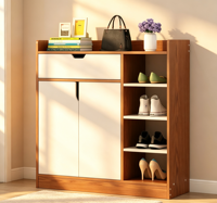 Meuble à chaussures simple et moderne en bois blanc chaud, type armoire, avec rangement et cloison, idéal pour les entrées étroites et les petits appartements