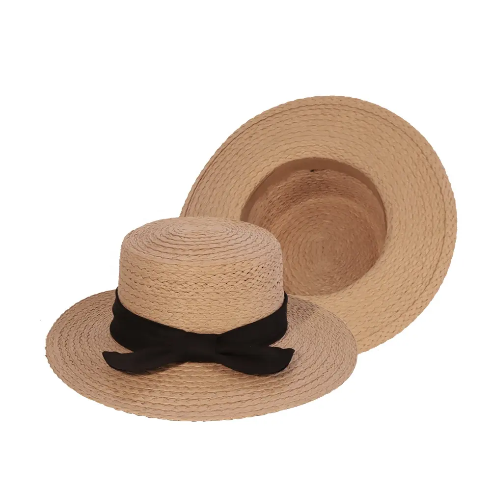 New Design Fashion Black Bow Ribbon Ladies' Women's Plain Dyed Summer Beach Boater Flat Round Top Straw Hat Bucket Hat