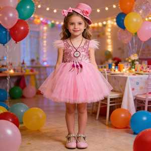 Vestido de Tutú Brillante <span class=keywords><strong>con</strong></span> Lentejuelas para Niñas, Diseño Moderno 2026, Vestido de Princesa Rosa para Fiesta <span class=keywords><strong>con</strong></span> Adorno de Plumas - Product Image 4
