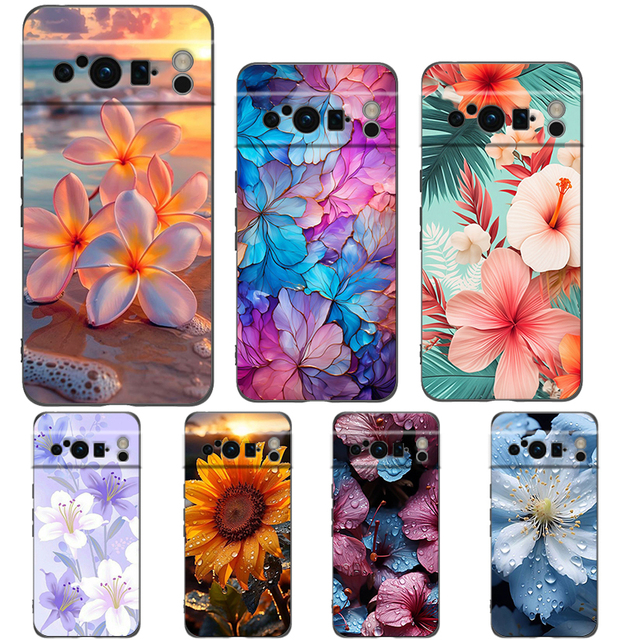 Beauty Flowers Leaves Phone Case For Google Pixel 8 7 6 Pro 8A 6A 7A 5G Soft Silicone Shockproof TPU Black Cover Fundas
