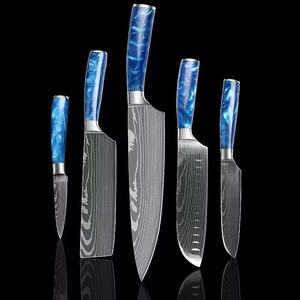 Ioko đầu bếp nhà bếp dao đặt slicing Santoku thiết kế cho Sushi bít tết Damascus Laser mô hình kim loại lưỡi với nhựa xử lý - Product Image 3