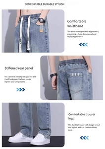 Pantaloni <span class=keywords><strong>da</strong></span> <span class=keywords><strong>Uomo</strong></span> Stile Casual, Gamba Dritta e Larga, Denim Elasticizzato di Alta Qualità <span class=keywords><strong>con</strong></span> <span class=keywords><strong>Elastico</strong></span> <span class=keywords><strong>in</strong></span> <span class=keywords><strong>Vita</strong></span> e Cordoncino per Uso Quotidiano - Product Image 3