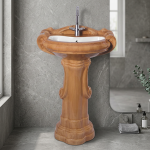 Ceramic Sanitary Wooden Color Luxury Bathroom Designer Round Bowl Big Sterling Pedestal Wash Basin, Wooden Pedestal Sink Price - Product Image 1