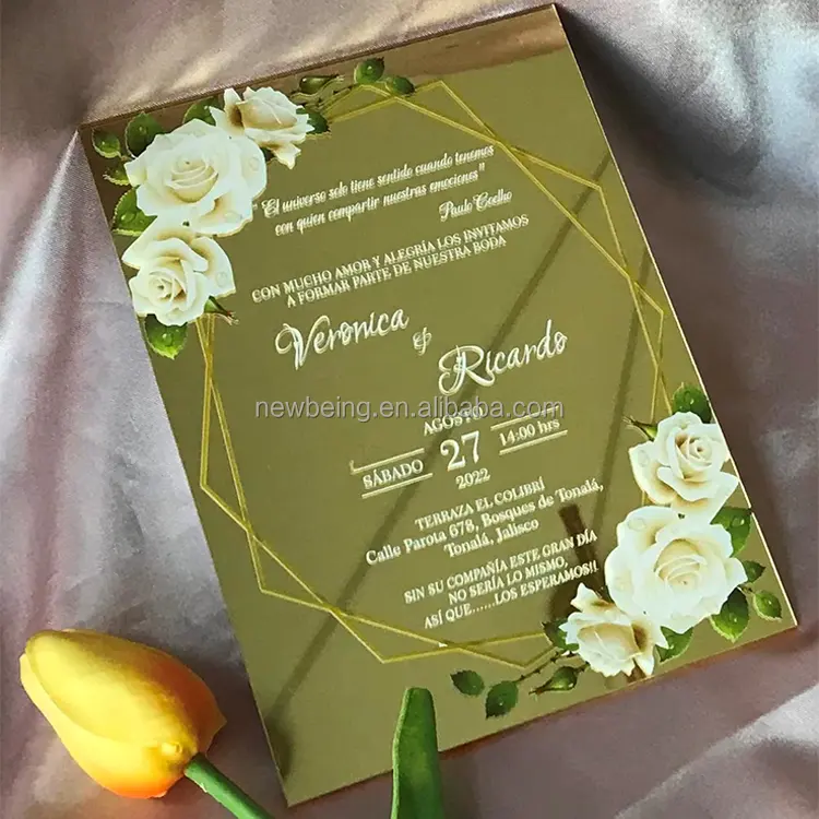 Özel düğün zarif altın ayna akrilik davetiyeleri kartları ile zarf