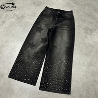 Jean en denim pour homme, coupe droite ample, délavé vintage, avec strass, bords bruts, personnalisé par le fabricant