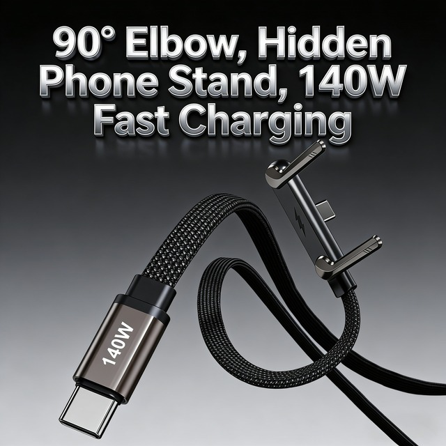 L Shape 90 Degrees Flat Nylon Braided 140W USB C to USB C Cable E-maker Chip Fast Charging Cable 1.5M