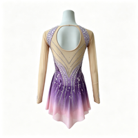 Robe de patinage et de danse pour enfants et adultes, dégradé violet-rose, manches longues en maille, jupe à pétales ornée de strass et de paillettes, pour compétition et spectacle de patinage artistique