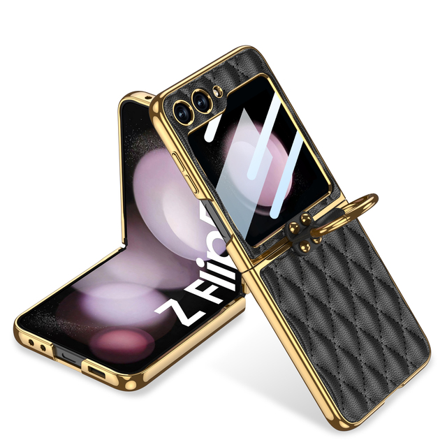 Hot Sale for Samsung for Galaxy Z Flip 5 Case Luxury Electroplated Leather Flip 6 Case with Finger Ring Folding Phone Cover