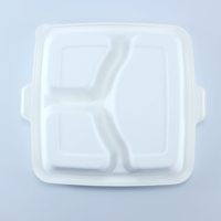 Barquette alimentaire jetable en bagasse de 9 pouces à 3 compartiments avec couvercle en pulpe PET pour restaurant, école et plats à emporter