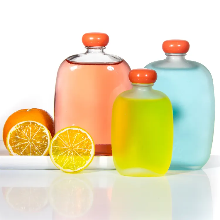 Bouteille en verre plat Transparent de 100ml, 250ml, 350ml, pour jus de boisson, limonade, en Stock