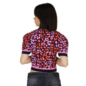 Women's <b>Cropped</b> Sweater Animal Print <b>Pink</b> Orange Navy Short Sleeve High Neck <b>Top</b> - Product Image 3