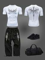 Ensemble T-shirt de compression imprimé style gothique pour homme + pantalon long ample - Ensemble de sport et de gym à séchage rapide avec motif ange caché
