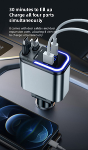 Nuevo <span class=keywords><strong>modelo</strong></span> 120W Cargador de teléfono de coche USB súper rápido Cables retráctiles duales 4 en 1 Luz de pantalla digital de carga de DC12-24V - Product Image 2