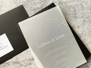 กระดาษเว<span class=keywords><strong>ล</strong></span><span class=keywords><strong>ล</strong></span>ัมโปร่งแสงทันสมัยสำหรับงาน<span class=keywords><strong>แต่งงาน</strong></span> พร้อมหมึกสีขาว <span class=keywords><strong>การ์ด</strong></span>เชิญงานแต่งงานพร้อมการ์ดตอบรับและซองจดหมายสีดำด้าน - Product Image 1