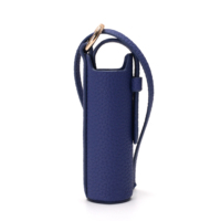 Étui cylindrique pour rouge à lèvres en PU grainé bleu marine, isolant thermique, anti-chauffage, portable, avec sangle de poignet et anneau métallique