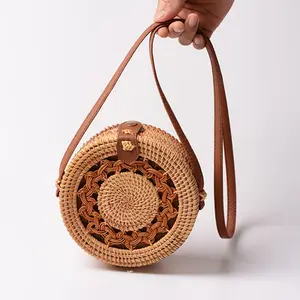 Wholesale Summer Beach Round Rattan Woven Straw Bag Natural Shoulder Handbag for Ladies Woman