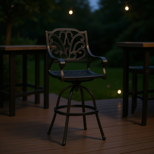 Tabouret de bar pivotant en aluminium moulé, mobilier commercial d'extérieur traditionnel, design antique, base en métal - Product Image 2