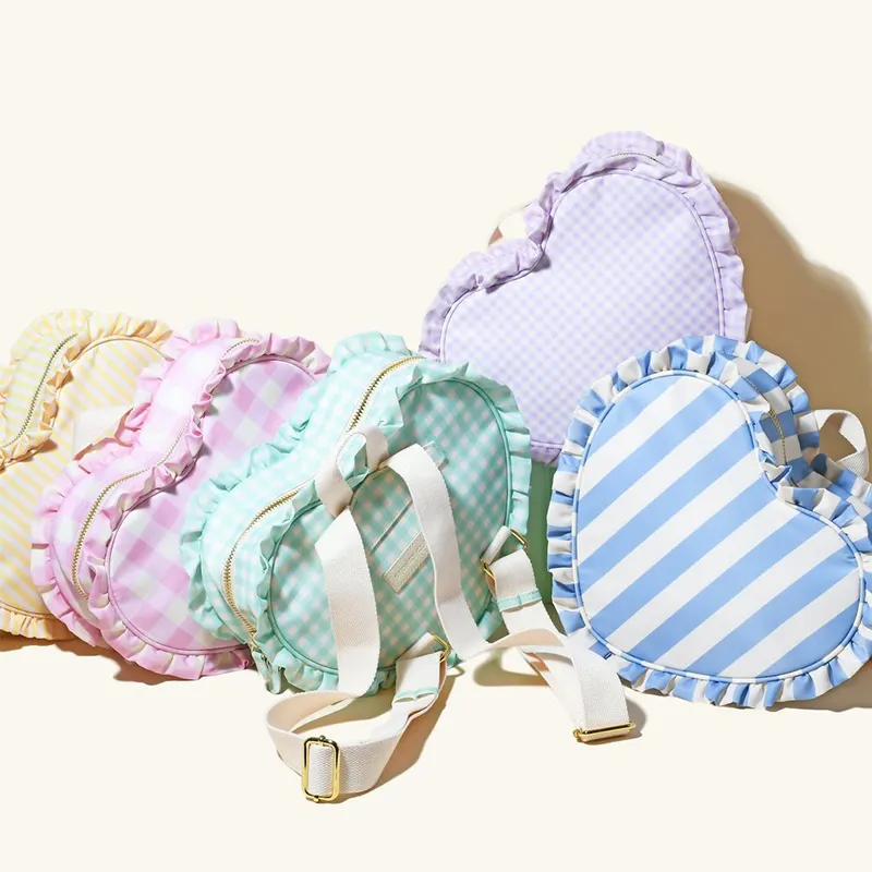 Wholesale Custom Women Candy Color Pink Girls Nylon School Bags Ruffle Mini Heart Backpack