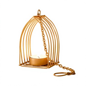 <b>Cage</b> Design Iron Metal Hanging Tea <b>Light</b> Candle Holders With Gold Finished For Home Christmas Decoration - Product Image 1