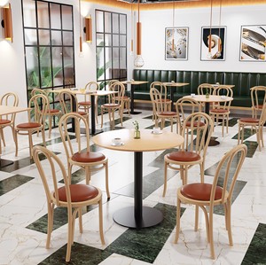 Modern <b>Round</b> Wood <b>Table</b> With Metal Base And Wooden Chairs <b>For</b> Restaurant <b>Dining</b> <b>Set</b> Durable Commercial Furniture - Product Image 1