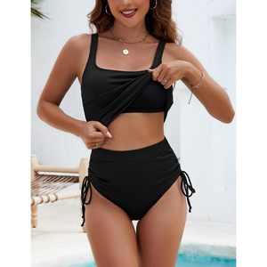 Womens Two Piece Tankini Ribbed Tummy Control Swimsuit Full Coverage Bathing Suit <b>Square</b> Neck Spandex Polyester 2025 - Product Image 2
