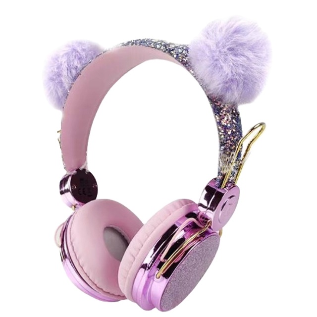 Bling Girl Kids BT Wireless Headphone With Microphone Luxury Glitter Cute Hairball Music Helmet Wired Phone Headset Gift