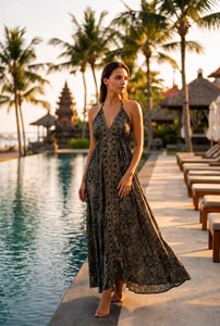 Blue Floral Print Sleeveless Floor-Length Natural V-Neck A-Line Eco-Friendly Beach Holiday Women's Silk Halter Bulk Price - Product Image 3