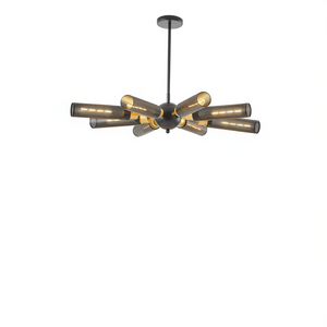Lustre Sputnik industriel moderne à 8 lumières, abat-jour en maille métallique noir et or, base E26, hauteur réglable pour salle à manger - Product Image 1