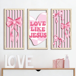KingWIN <b>Pink</b> Bow Wooden Wall Hanging Rectangle Home Decor Valentine'S Day Cartoon Style - Product Image 3