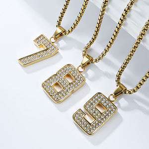 Unisex street style number pendant hip-hop style <b>titanium</b> steel gold-plated full diamond necklace, niche and high-end. - Product Image 1