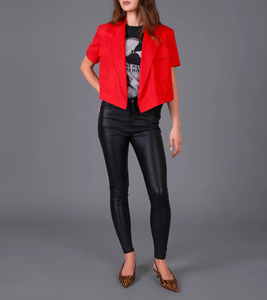 Manteau court rouge pour femme à manches courtes, col à revers cranté, poches utilitaires, ouverture frontale, style décontracté chic pour le bureau et le streetwear - Product Image 4