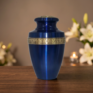 Urna Funeraria de Latón Azul para Cenizas, Recuerdo Conmemorativo, Recipiente de 200 Pulgadas Cúbicas para Cenizas, Decoración para el Hogar - Artesanía India - Product Image 2