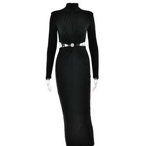 Vestido de Noche Elegante con Cuello Alto y Manga Larga, Estilo Patchwork, Espalda Descubierta y Plisado, Moda de Invierno Europea y Americana - Product Image 5